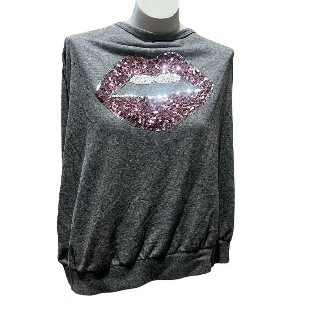 Torrid Women's Plus Size 3 Gray Off Shoulder Sweatshirt Pink Sequin Lips Casual - Picture 1 of 9